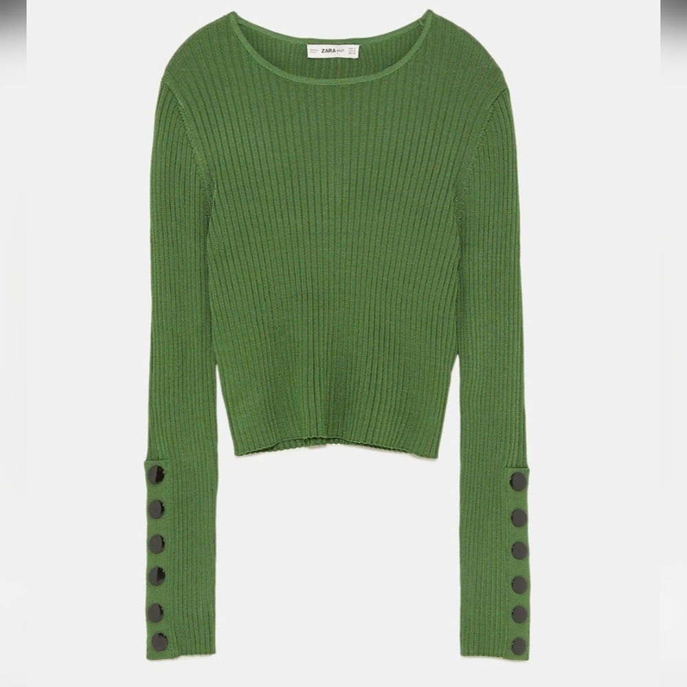 Zara Women's Green Ribbed Knit Button Long Sleeve Henley Sweater Crop Top Size S